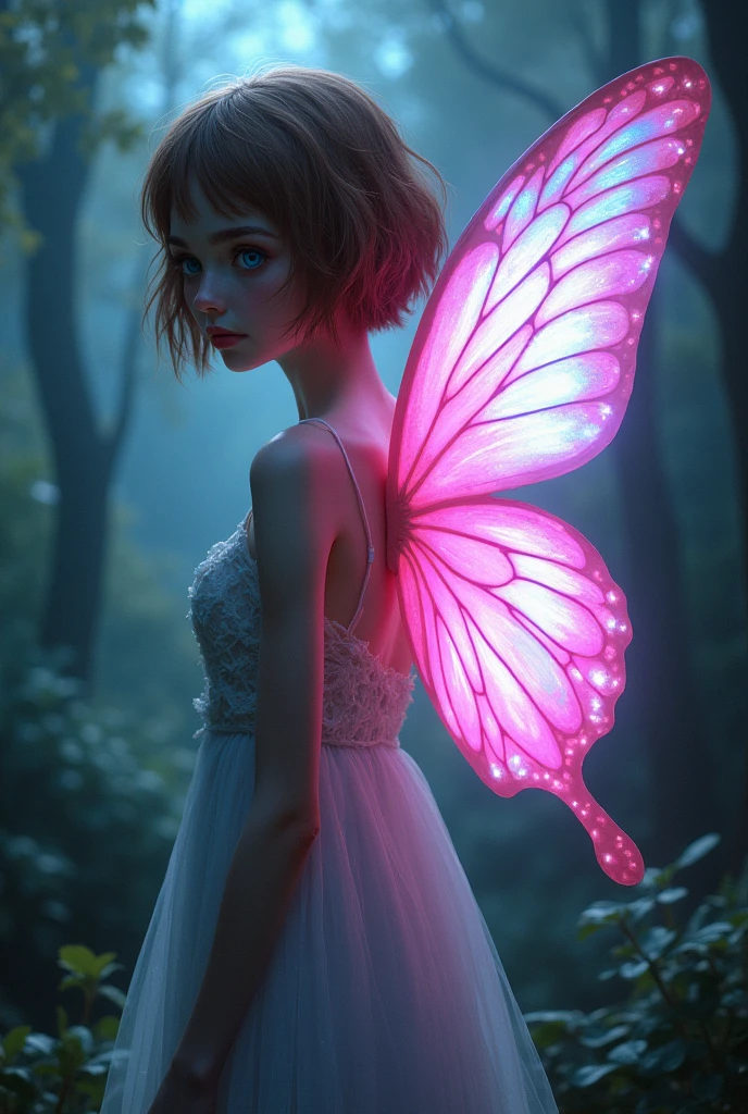 "Full-length close angle shot of a beautiful Caucasian girl, depicted as a fairy, 20 years old, with pretty wings and delicate facial features, graceful features body as shaped legs and pretty hips. Her attractive gaze captivates the viewer as she stands in a misty forest, where a gentle stream flows nearby. The scene is enhanced with vibrant neon lights that create an ethereal and whimsical atmosphere. Immersive effects add a magical touch, blending elements of realism and fantasy beautifully. The composition emphasizes her enchanting beauty in this dreamlike setting."