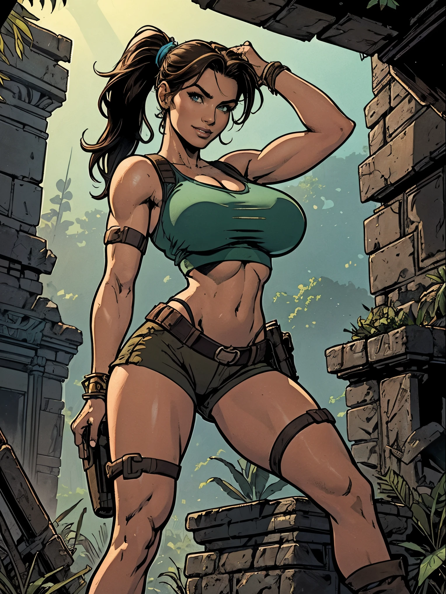 (masterpiece, top quality, best quality, official art, beautiful and aesthetic:1.2), (1girl:1.3), brown hair, ponytail, extremely detailed, portrait, looking at viewer, solo, (full body:0.6), detailed background, close up, mischievous eyes, (cool Incan ruins theme:1.1), pleasant smile, brunette, aquiline nose, green eyes, ponytail, ((gigantic breasts)), (thin), athletic, Lara Croft. Wearing a sleek light blue sleeveless top, brown shorts, boots, shoulder harness, backpack, holsters, utility belt, slim waist, slim hips, long legs, ancient (jungle ruins exterior:1.1) detailed background, bright optimistic lighting, shadows, magical atmosphere, dutch angle, (((underboob)))