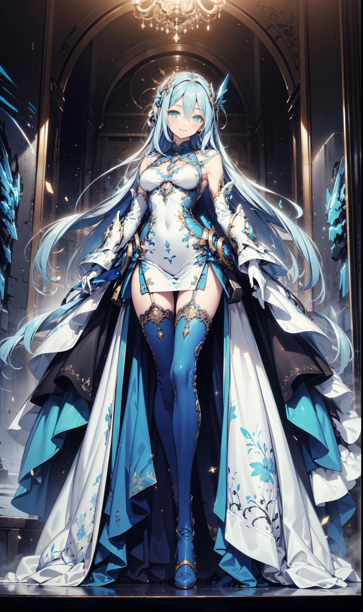 Sentinel of Heaven，Elegant and charming，charm，in love，(Fantasy world transparent white dress)，black gloves，silver hair，Smile，blue eyes，Intricately designed clothes，armor，Exotic decoration，Exquisite hair accessories，Transparent lace，Sky blue pattern，light stripes，dress nicely，indoor，night，Carved suspender boots，Super super details，holy mist，Wearing mecha，light particles，Exquisite and beautiful eyes and face，Armor