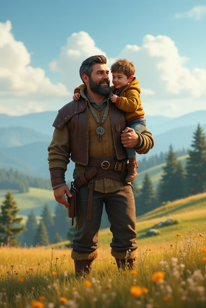 High fantasy, ranger on right holding baby goblin on left, mythic background
