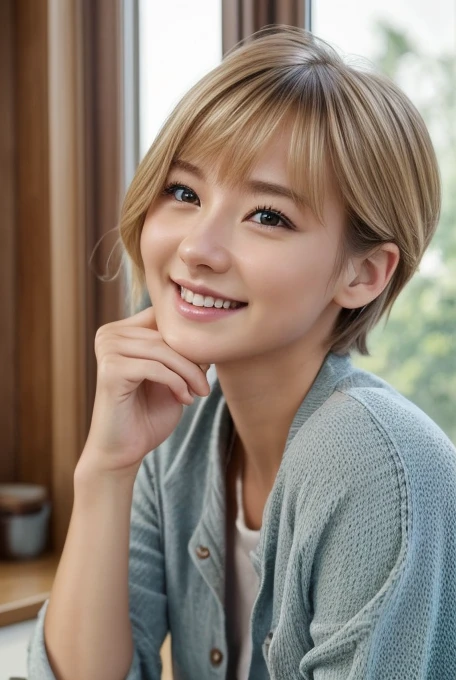 1girl, half Japanese and Korean, early 20s, clean and refined, beautiful skin, balanced body type, kind and affable, attentive and natural smile, blonde short hair, full body, beautiful feet, (best quality,4k,8k,highres,masterpiece:1.2),ultra-detailed,(realistic,photorealistic,photo-realistic:1.37),natural lighting, soft focus, delicate colors, warm tones, cinematic, elegant, charming