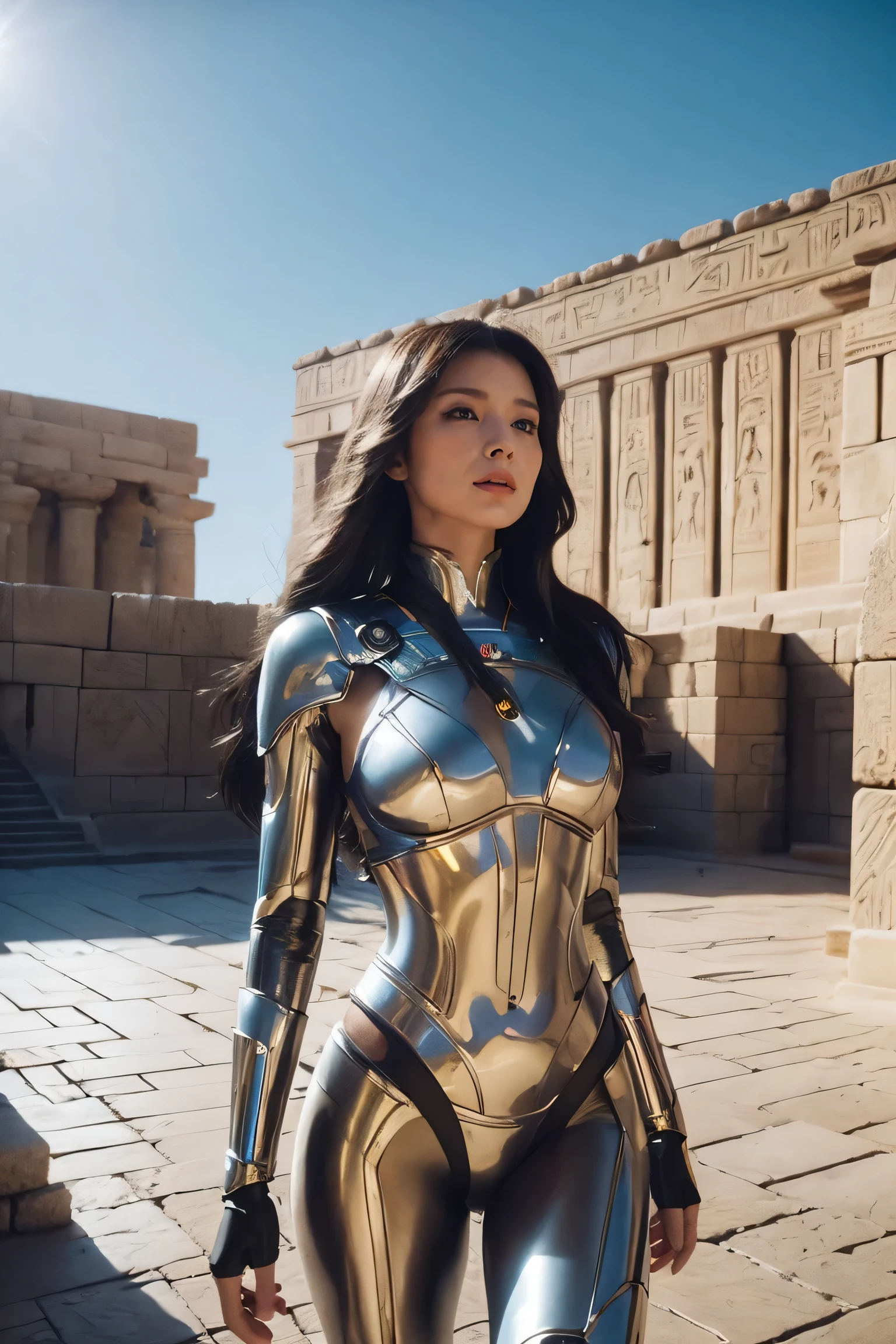 ((Best Quality、8k、masterpiece:1.3))、Photorealistic, Sharp focus, High image quality, High resolution, One person,1girl,sexy、Egyptian female warrior walking in ancient Egypt、Complex technology, Pyramids and ancient Egyptian cities far away、cyber-、Light and Shadow、Blue Light、