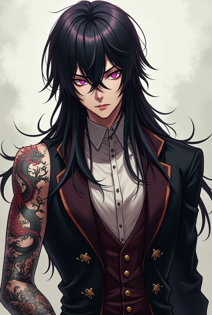 emo man (anime style) with disheveled hair with a black dress shirt open at the chest and with tattoos black pants with headphones on with spikes around them