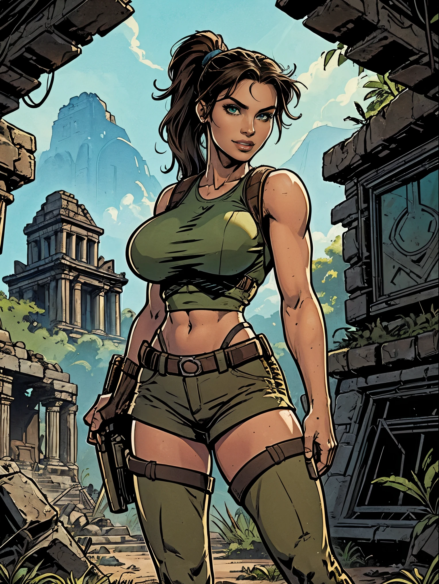 (masterpiece, top quality, best quality, official art, beautiful and aesthetic:1.2), (1girl:1.3), brown hair, ponytail, extremely detailed, portrait, looking at viewer, solo, (full body:0.6), detailed background, close up, mischievous eyes, (cool Incan ruins theme:1.1), pleasant smile, brunette, aquiline nose, green eyes, ponytail, ((gigantic breasts)), (thin), athletic, Lara Croft. Wearing a sleek light blue sleeveless top, brown shorts, boots, shoulder harness, backpack, holsters, utility belt, slim waist, slim hips, long legs, ancient (jungle ruins exterior:1.1) detailed background, bright optimistic lighting, shadows, magical atmosphere, dutch angle