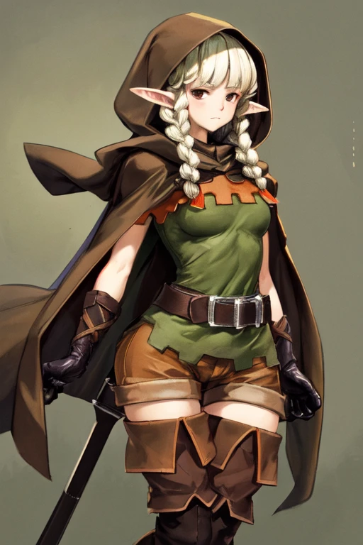 (best quality), (masterpiece), 1 girl, early 20's, medium breasts, thick, thick lips, wide hips, thin waist, dcelf, blonde hair, pointy ears, twin braids, hood, brown cloak, green tunic, gloves, belt, brown shorts, thigh boots