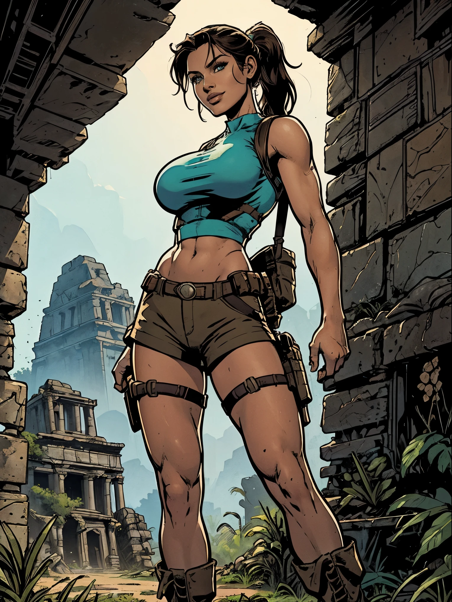 (masterpiece, top quality, best quality, official art, beautiful and aesthetic:1.2), (1girl:1.3), brown hair, ponytail, extremely detailed, portrait, looking at viewer, solo, (full body:0.6), detailed background, close up, mischievous eyes, (cool Incan ruins theme:1.1), pleasant smile, brunette, aquiline nose, green eyes, ponytail, ((gigantic breasts)), (thin), athletic, Lara Croft. Wearing a sleek light blue sleeveless top, brown shorts, boots, shoulder harness, backpack, holsters, utility belt, slim waist, slim hips, long legs, ancient (jungle ruins exterior:1.1) detailed background, bright optimistic lighting, shadows, magical atmosphere, dutch angle, (((underboob)))