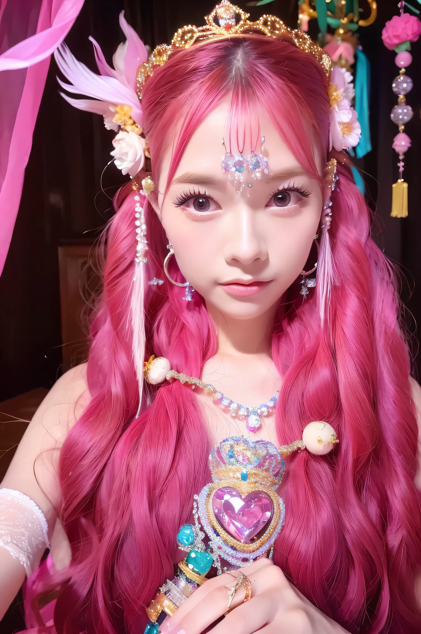 ((Best Quality)), ((masterpiece)), (detailed), Perfect Face, Spiritual Goddess, Romantic look, Long pink hair, Mysterious look, Great aura, Gorgeous upper body, An even more beautiful look, Sparkling crowns and decorations, from the front