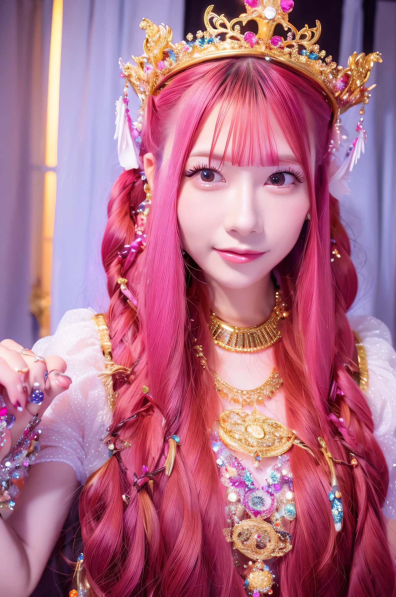 ((Best Quality)), ((masterpiece)), (detailed), Perfect Face, Spiritual Goddess, Romantic look, Long pink hair, Mysterious look, Great aura, Gorgeous upper body, An even more beautiful look, Sparkling crowns and decorations, from the front