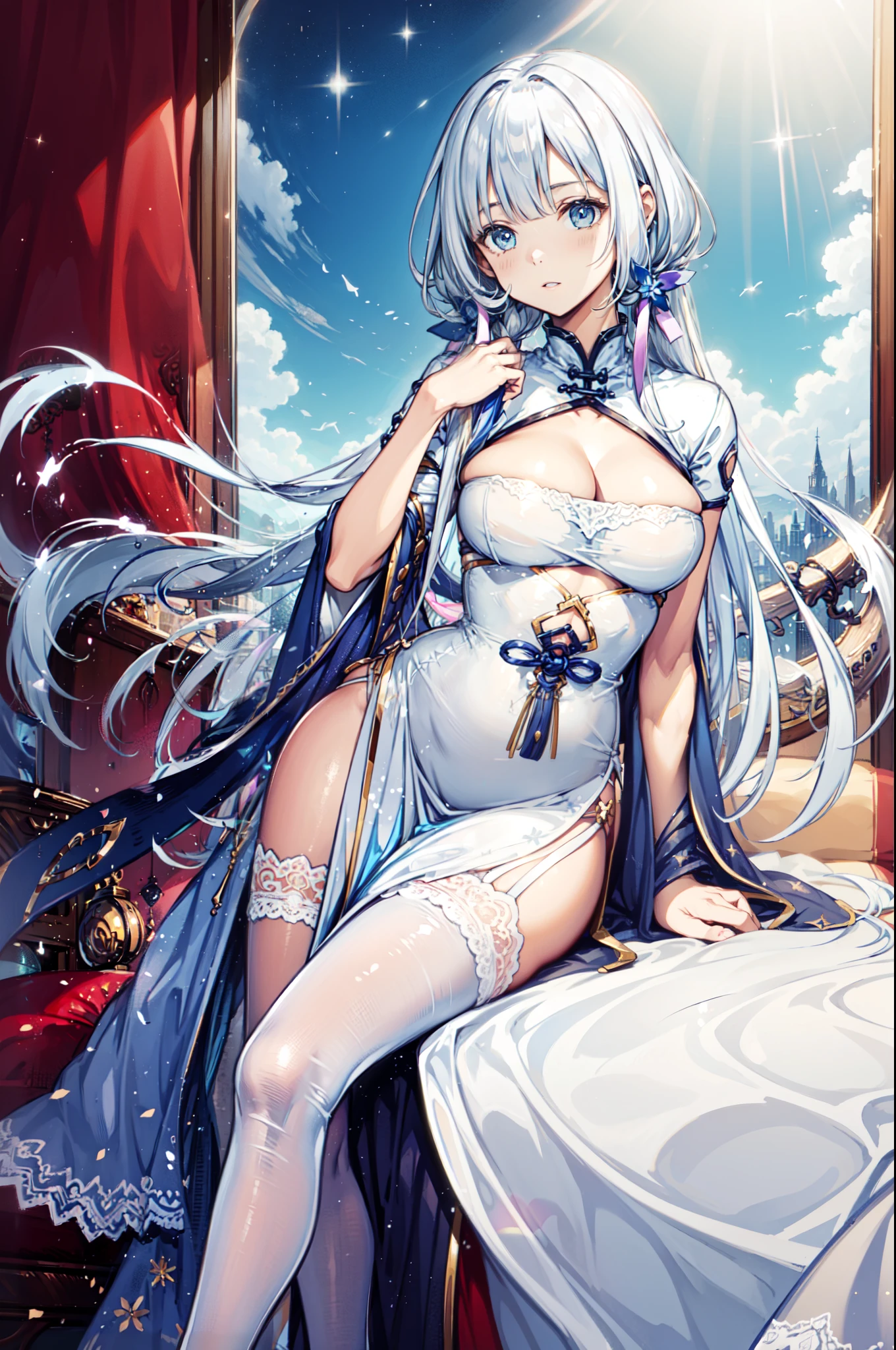 (best quality,4K,8K,high resolution,masterpiece:1.2),Extremely detailed,milf,,magic,enchanting,joy,Divine goddess,magical effect,Silver hair,Blue eyes,Transparent dress,Exquisite decoration,Features of the magical costumes of the heavens，A small amount of sky blue cloth,Exquisite clothing,Layered Skirt,detailed lace,Delicate ruffles,bedroom,Alone,at night,Lace pantyhose,Sacred stripes,Transparent clothing,Jewelry embellishments