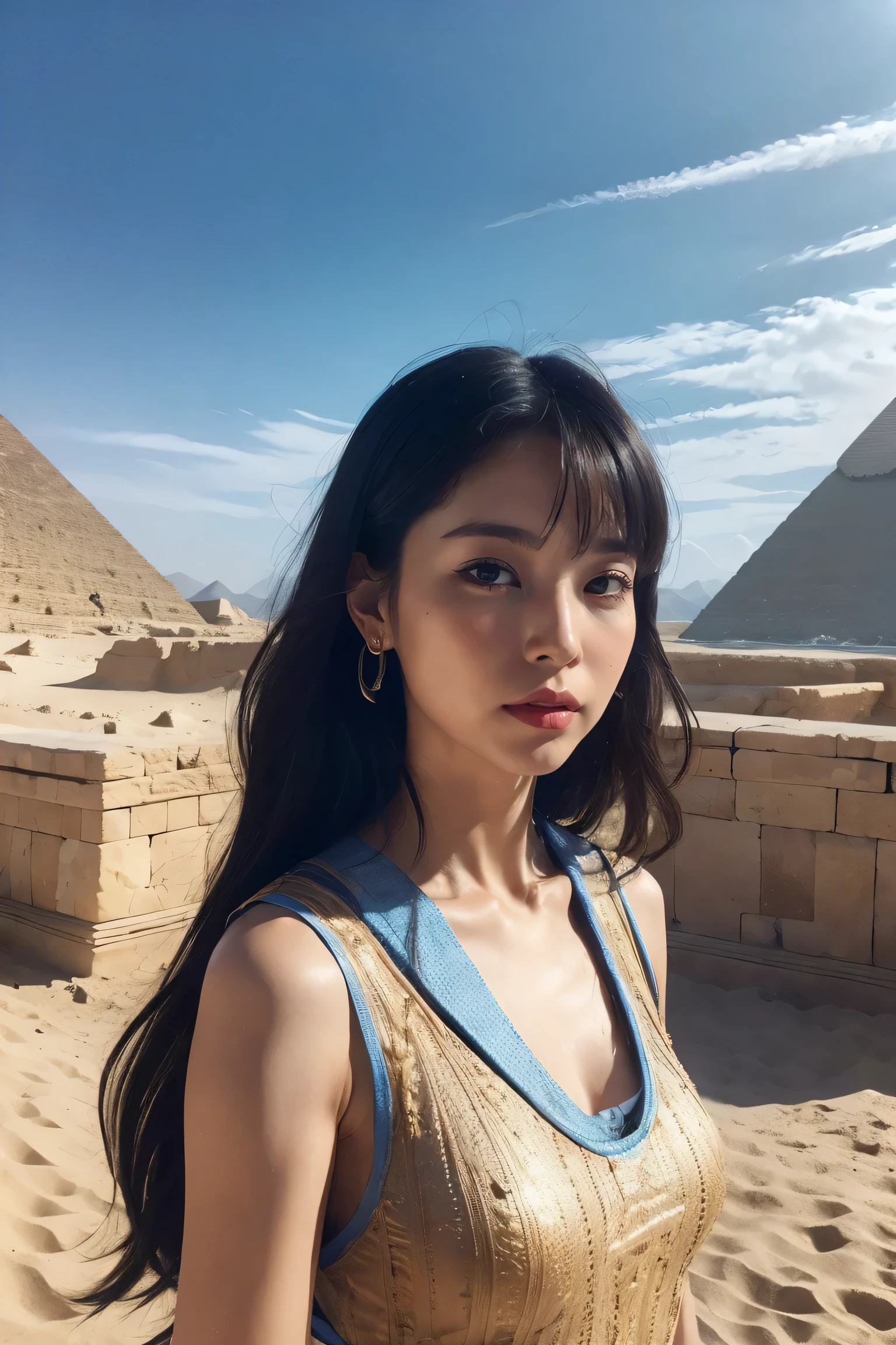 ((Best Quality、8k、masterpiece:1.3))、Photorealistic, Sharp focus, High image quality, High resolution, Portraiture, One Person, woman, beautiful woman, sexy、Walking through ancient Egypt, the woman warrior of Egypt、Complex technology, Pyramids and ancient Egyptian cities far away、cyber-、Light and Shadow、Blue Light、