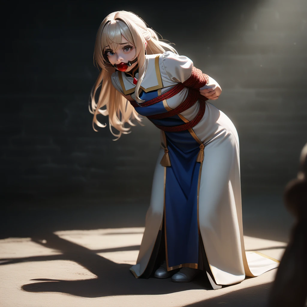 1girl,Priestess,goblin slayer, kidnapped, rope bondage, full body, gagged, ballgag, rope, hands behind back,tie white boots, masterpiece, highly aesthetic, photorealistic, 8k, ultra-detailed, cinematic lighting, dramatic shadows, intricate details, vibrant colors, sensitive pose