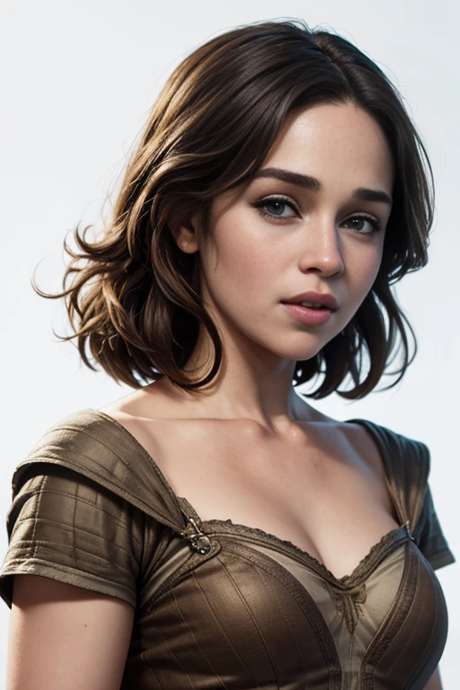 A minimalist digital artwork of the iconic Emilia Clarke, who has brown hair, extremely detailed artgerm, (masterpiece, best quality:1.2), (insanely detailed, beautiful detailed, masterpiece, best quality), (insanely detailed, masterpiece, best quality), white background, misty