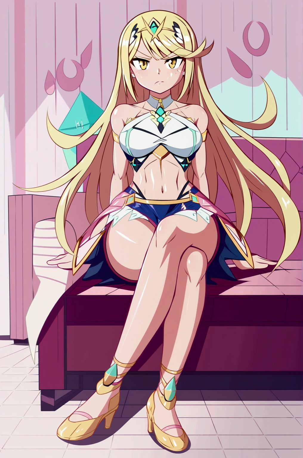 Mythra, long hair, by Ruio, bob cut, yellow eyes, 1 girl, Alone, Bare shoulders, Strapless, medium chest, pink shirt, Pink mini skirt, sitting on a sofa, full body, bare legs with red heels, crossed legs,serious guy