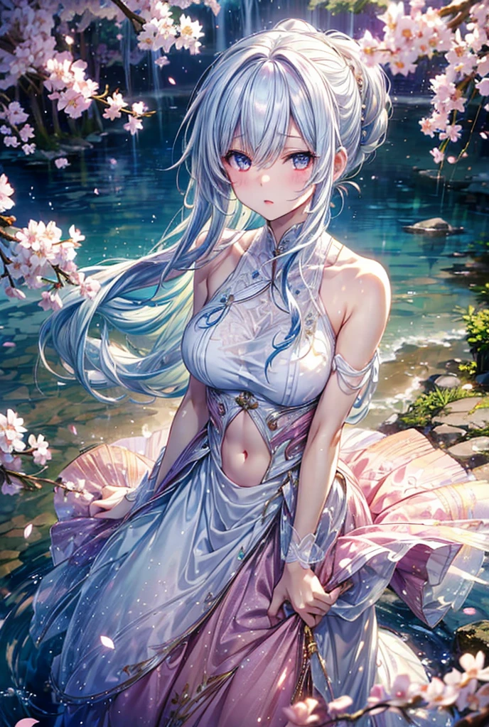 best quality:1.5), (ultra-detailed:1.5), (()), ((best quality)), (high resolution), (illustration), (an extremely delicate and beautiful), (ultra detailed beautiful face and eyes), 1girl, leaning forward sharp focus, ray tracing, 1girl, silky hair, multicolored hair, White hair(inner color Cherry blossom )、background(sakura tree, day light), eye color(White pink, high definition, inner eye sakura),volumetric lightning, Feet, chest emphasis, Toes, Full body painting、Abdominal muscles、Exposed belly、Hip emphasis、Groin、shin、Lift your butt、Abdominal muscles強調、looking_all(score_9:1.2), (score_8_up:1.2), (score_7_up:1.2),Alone,Perfect anatomy,(one cute girl:1.3),(line art:1.3),(Soft atmosphere:1.3),perfect anatomy,(A soft anime-style image capturing a delicate and ephemeral atmosphere),Enhance the anime screencap by adding a watercolor background, further elevating the dreamy and ethereal aesthetic. This scene, now rendered in 16k wallpaper resolution, merges the delicate beauty of the girl with pale skin and white hair with a soft, lush watercolor landscape. The big, intricately designed dress and her captivating eyes are set against a backdrop that mimics the fluid, blending colors of a watercolor painting, adding a layer of artistic depth and emotion. The perspective from above at a dutch angle, combined with the watercolor effect, creates a composition that feels like a floating, dream-like world, glowing aura around her are now part of a canvas that blends reality with imagination, inviting the viewer to step into a tranquil world of soft hues and poetic beauty, all encapsulated within a serene, watercolor dream,break,(best quality:1.3),(best masterpiece:1.3),(very aesthetic:1.2),(absurdres:1.2),newest,(intricate details:1.2),ai-generated,absurdres extremely detailed CG,depth of field,dynamic angle,dynamic pose