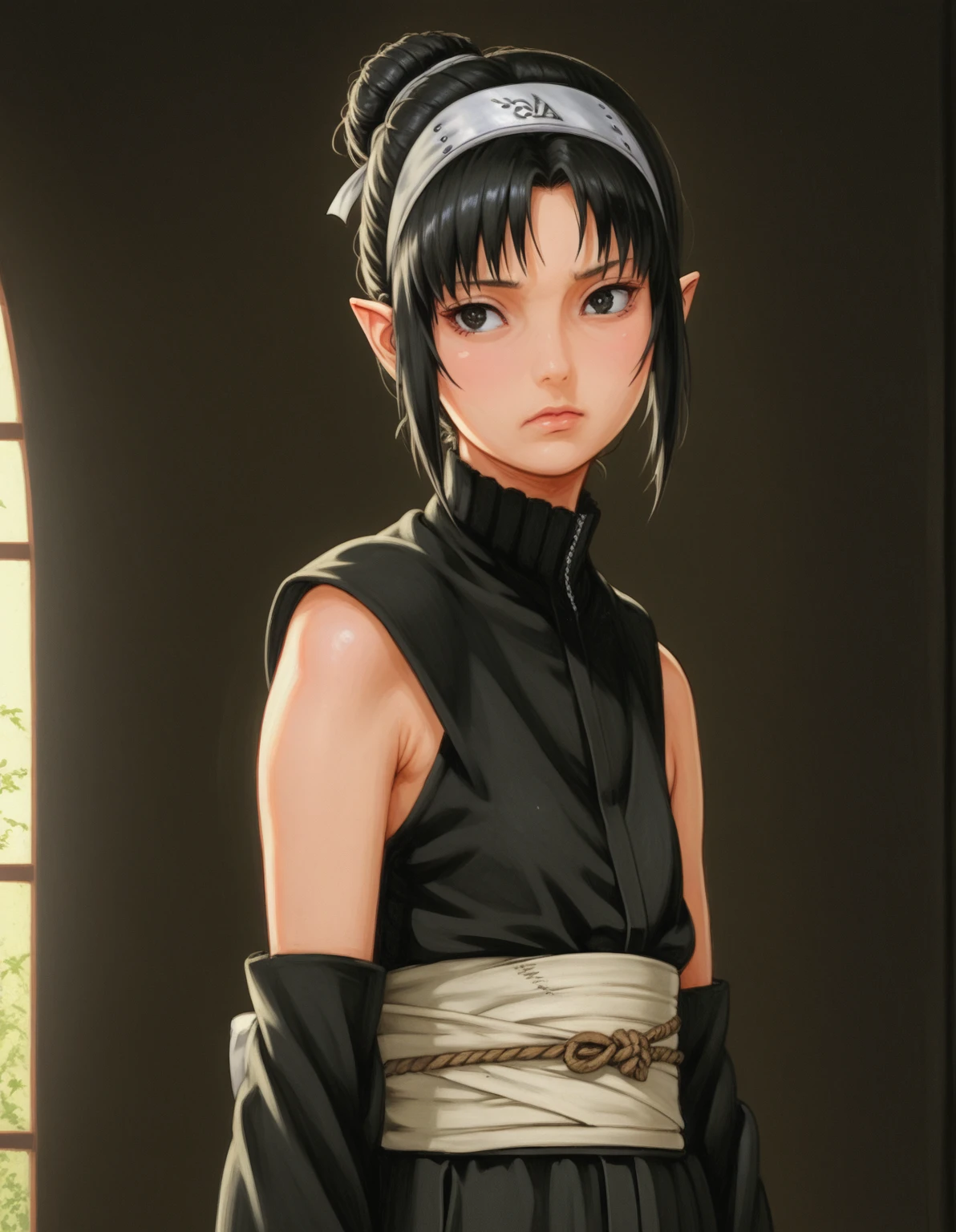 An anime character wearing short black and white hakamas, white obi with black and white seigaiha pattern, girl with elf ears, a beautiful young girl with long black hair tied up in one single bun centered on top of her head, white hairband with ribbons on both sides of her head, a lock of hair falling in front of the right side of her face, detailed anime art, 8k, high resolution, photorealistic, HDR, vivid colors, dramatic lighting. An anime character wearing black hakama with detached sleeves and a bow on her back, elf ears, a beautiful young woman with long black hair tied up in a single bun, wearing a white headband with ribbons on both sides of her head, a lock of hair falling in front of the right side of her face. Detailed anime art, 8k, high resolution, photorealistic, HDR, vivid colors, dramatic lighting, artwork in the style of guweiz, detailed portrait of anime girl, beautiful anime portrait, anime realism style, anime style portrait, anime style 4 k, realistic anime art style, digital art ilya kuvshinov, realistic anime artstyle, ilya kuvshinov. 4 k, portrait anime girl, girl wearing black hakama with detached sleeves.