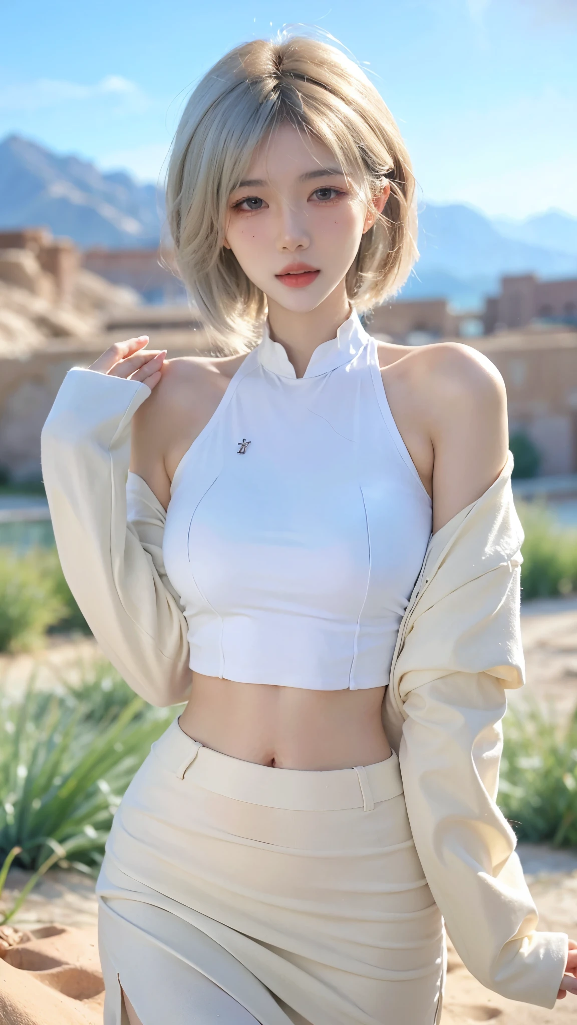 Beautiful woman with perfect figure:1.4,Desert Background,Desert Background,Ultra-high resolution,Seductive laughter,wear glasses,(lifelike:1.4),Layered Hairstyle,White skin,Super short pleated skirt,whole body,Very delicate face and skin texture,Double eyelids,Skin Whitening,Long hair,White hair,White,