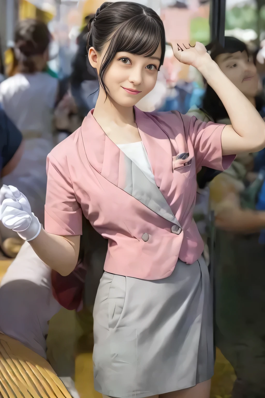 (masterpiece:1.2, Best Quality:1.2), 32K HDR, High resolution, (Alone、1 girl)、（On the roof of a building during the day、Professional Lighting）、Building rooftop background、（Nankai train crew uniform pinkを着たリアルスタイル）、（Nankai Railway crew uniform, pink, short sleeve, collarless, pink jacket、Nankai Railway crew uniform pink no-collar short-sleeve blouse、Nankai Railway crew uniform pink grey knee-length culottes）、（（The bottom of the pink short-sleeved jacket cannot be tucked into the clay-colored culottes..））、Dark brown hair、（Hair tied up、Hair Bun、Hair Bun）、Dark brown hair、Long Shot、Big Breasts、Thin legs、（（Great hands：2.0）），（（Harmonious body proportions：1.5）），（（Normal limbs：2.0）），（（Normal finger：2.0）），（（Delicate eyes：2.0）），（（Normal eyes：2.0））)、smile、（Nankai Railway crew uniform pink grey knee-length culottesを見せた美しい立ち姿） 