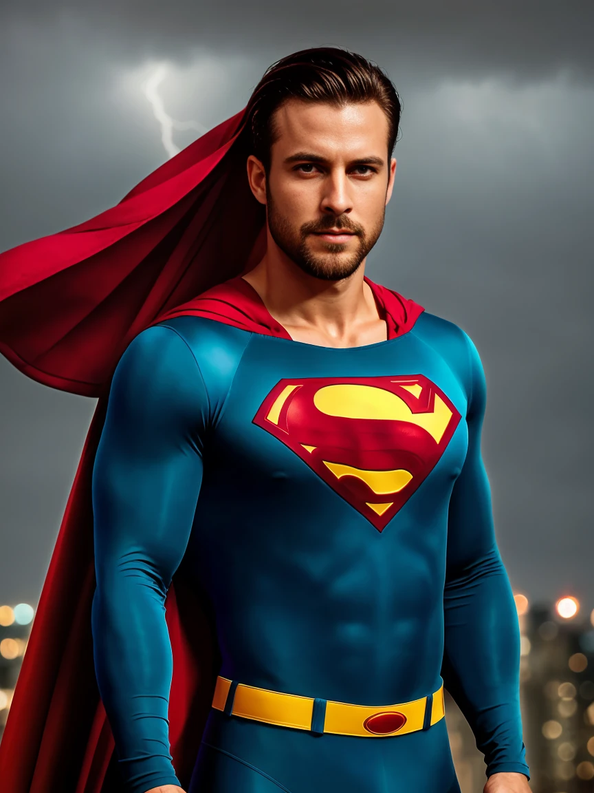 1man, A full body shot of a charismatic male fitness model, 30 years old，small beard, Sexy and charming expression，gloomy eyes，Blue eyes, captured on city rooftop edge, Dark clouds lightning background, wetclothes, dressed in tight blue Superman suit, a red cape falls behind his shoulders, and he wears red boots, soft natural lighting, cinematic and moody, (best quality,4k,8k,highres,masterpiece:1.2),ultra-detailed,(realistic,photorealistic,photo-realistic:1.37),HDR,studio lighting,professional,vivid colors,dramatic lighting