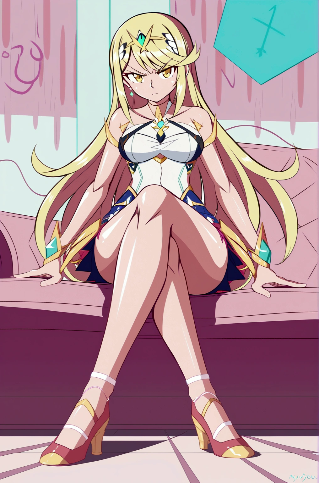 Mythra, long hair, by Ruio, bob cut, yellow eyes, 1 girl, Alone, Bare shoulders, Strapless, medium chest, pink shirt, Pink mini skirt, sitting on a sofa, full body, bare legs with red heels, crossed legs,serious guy