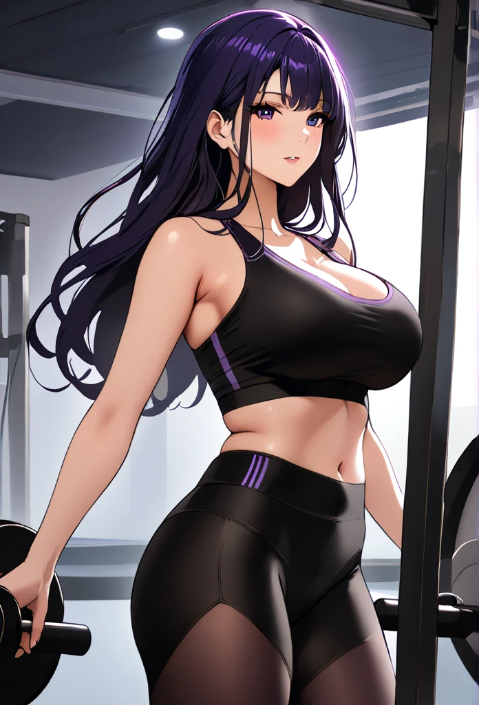 (masterpiece), Shogun raiden beautiful, tight sports bra, tight leggings, very big breasts, I will trace the great, posing, an electric gym