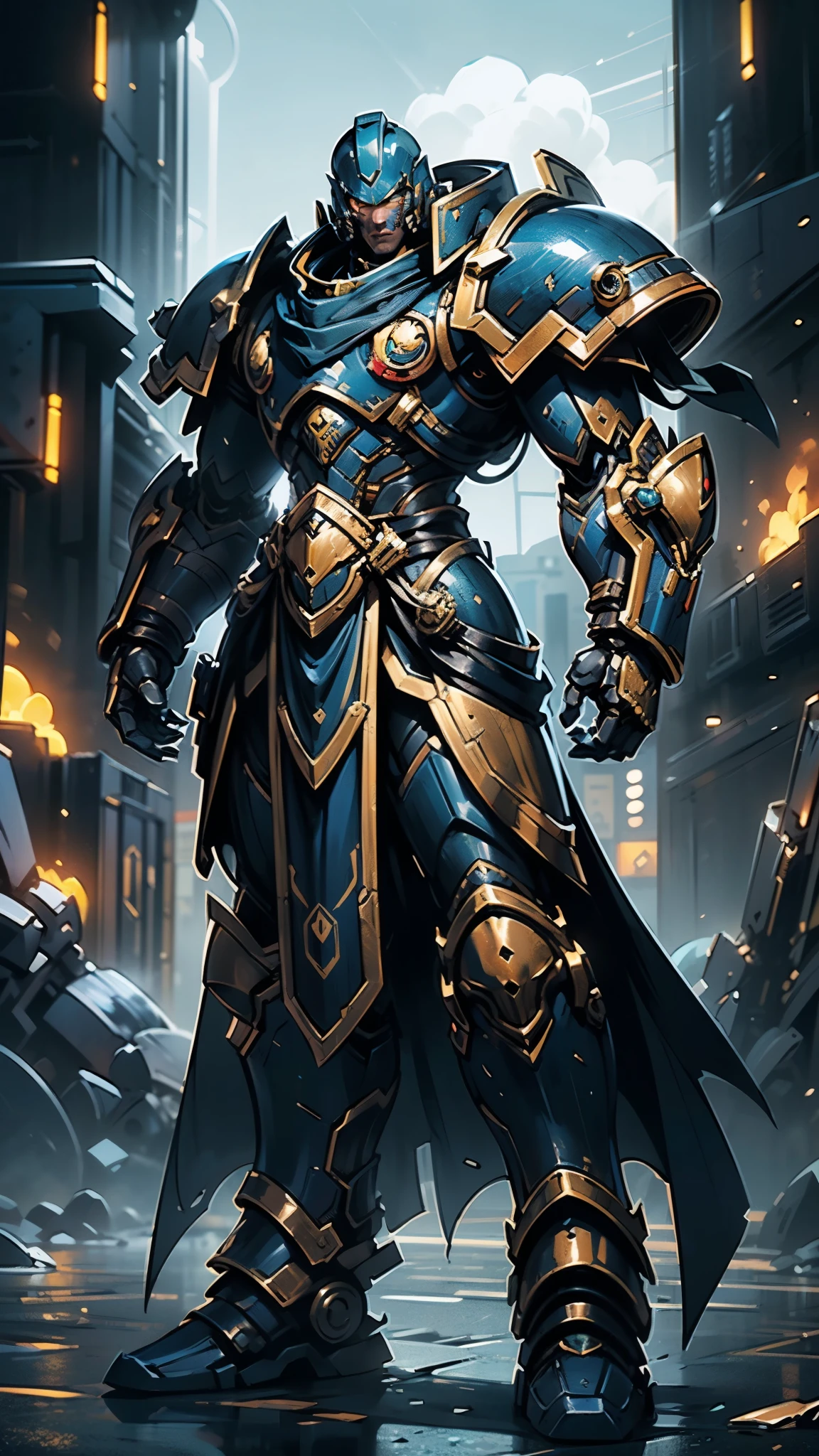 (masterpiece:1.5, best quality:1.5, extremely delicate:1.5), ((male:1.5)), a man wearing a full-face helmet, a biotech armored combat suit, green eyes, (a composite layered chest armor), fully enclosed shoulder guards, matching arm and leg guards, a belt of gemstone, (the color scheme is primarily Blue with White and Red accents), the design balances heavy with agility, a high-tech bio-mecha armor, (Armor Concept Inspired by Space Marines, stand of a futuristic sci-fi city), this character embodies a finely crafted Space Marines in anime style, exquisite and mature manga art style, (element, plasma, energy, the armor glows), metallic, high definition, highres, ultra-detailed, ultra-fine painting, professional, perfect body proportions, golden ratio, anatomically correct, symmetrical face, extremely detailed eyes and face, high quality eyes, creativity, RAW photo, UHD, 32k, Natural light, cinematic lighting, masterpiece-anatomy-perfect