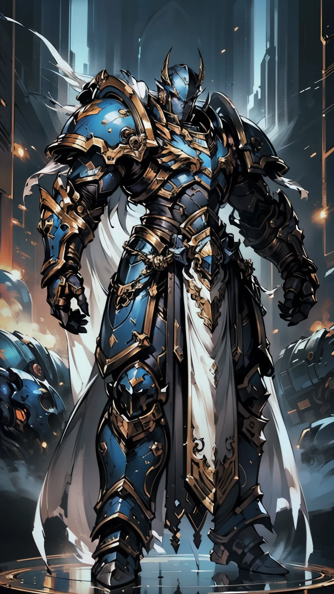 (masterpiece:1.5, best quality:1.5, extremely delicate:1.5), ((male:1.5)), a man wearing a full-face helmet, a biotech armored combat suit, green eyes, (a composite layered chest armor), fully enclosed shoulder guards, matching arm and leg guards, a belt of gemstone, (the color scheme is primarily Blue with White and Red accents), the design balances heavy with agility, a high-tech bio-mecha armor, (Armor Concept Inspired by Space Marines, stand of a futuristic sci-fi city), this character embodies a finely crafted Space Marines in anime style, exquisite and mature manga art style, (element, plasma, energy, the armor glows), metallic, high definition, highres, ultra-detailed, ultra-fine painting, professional, perfect body proportions, golden ratio, anatomically correct, symmetrical face, extremely detailed eyes and face, high quality eyes, creativity, RAW photo, UHD, 32k, Natural light, cinematic lighting, masterpiece-anatomy-perfect
