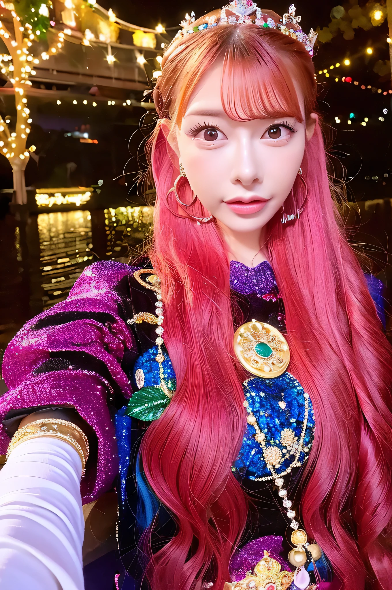 ((highest quality)), ((masterpiece)), (detailed), Perfect face, spiritual goddess, romantic look, long pink hair, mysterious look, amazing aura, gorgeous upper body, even more beautiful look, sparkling crown and decorations, from the front