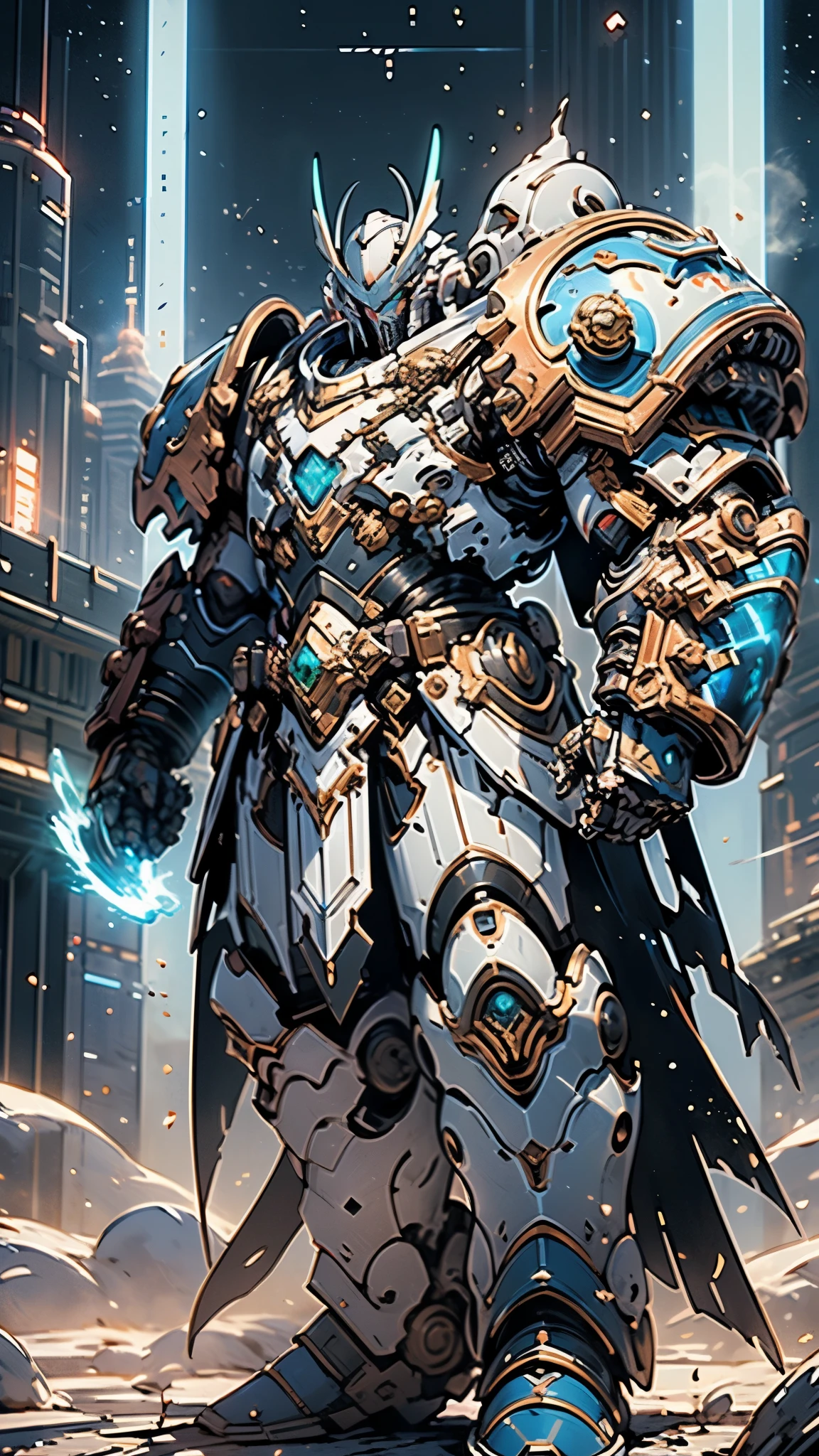 (masterpiece:1.5, best quality:1.5, extremely delicate:1.5), ((male:1.5)), a man wearing a full-face helmet, a biotech armored combat suit, green eyes, (a composite layered chest armor), fully enclosed shoulder guards, matching arm and leg guards, a belt of gemstone, (the color scheme is primarily Blue with White and Red accents), the design balances heavy with agility, a high-tech bio-mecha armor, (Armor Concept Inspired by Space Marines, stand of a futuristic sci-fi city), this character embodies a finely crafted Space Marines in anime style, exquisite and mature manga art style, (element, plasma, energy, the armor glows), metallic, high definition, highres, ultra-detailed, ultra-fine painting, professional, perfect body proportions, golden ratio, anatomically correct, symmetrical face, extremely detailed eyes and face, high quality eyes, creativity, RAW photo, UHD, 32k, Natural light, cinematic lighting, masterpiece-anatomy-perfect