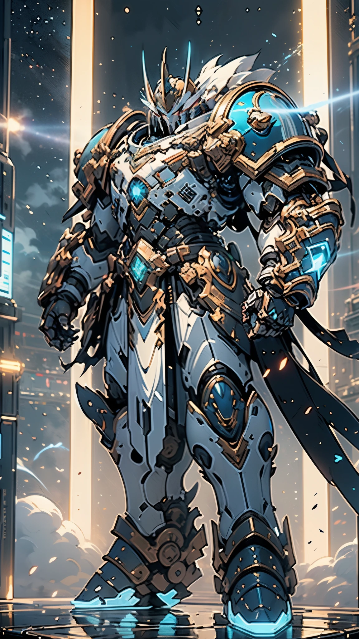 (masterpiece:1.5, best quality:1.5, extremely delicate:1.5), ((male:1.5)), a man wearing a full-face helmet, a biotech armored combat suit, green eyes, (a composite layered chest armor), fully enclosed shoulder guards, matching arm and leg guards, a belt of gemstone, (the color scheme is primarily Blue with White and Red accents), the design balances heavy with agility, a high-tech bio-mecha armor, (Armor Concept Inspired by Space Marines, stand of a futuristic sci-fi city), this character embodies a finely crafted Space Marines in anime style, exquisite and mature manga art style, (element, plasma, energy, the armor glows), metallic, high definition, highres, ultra-detailed, ultra-fine painting, professional, perfect body proportions, golden ratio, anatomically correct, symmetrical face, extremely detailed eyes and face, high quality eyes, creativity, RAW photo, UHD, 32k, Natural light, cinematic lighting, masterpiece-anatomy-perfect