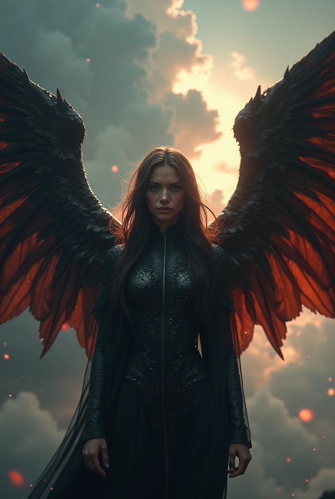 Cosmic Fallen Angel, glowing light eyes, Delicate and beautiful face,Bigchest,Biomechanical, eerie, Dream-like, Very bright colors, Light particles, with light glowing, Mshiv, wallpaper art, UHD wallpaper