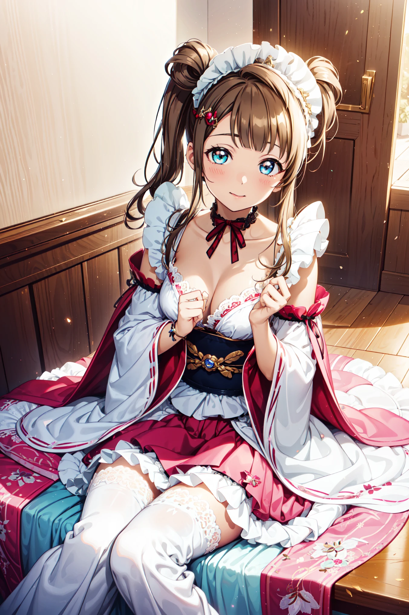 Minami Kotori, one side up,Head decoration，Masterpiece quality high resolution, Unity 8k wallpaper, illustration, Delicate eyes, Rich facial details, Highly detailed CG, Glossy lips, Light makeup,Lace，Transparent fabric，Transparent Clothes，Japanese maid outfit，Playing with dolls in the bedroom