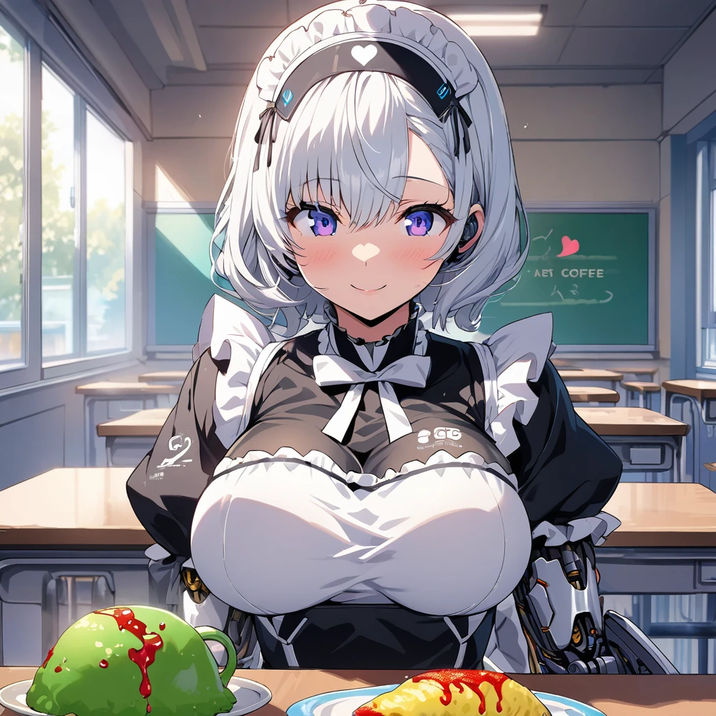 (masterpiece, best quality, highres, detailed, realistic:1.2), young japanese woman, maid, waitress, detailed face, beautiful face, (gigantic breasts:1.5), (colossal breasts:1.5), (bursting breasts:1.2), (irritated expression:1.2), blushing, annoyed, slim, thin, skinny, slender, taking order, crowded maid cafe, fringe, customers staring