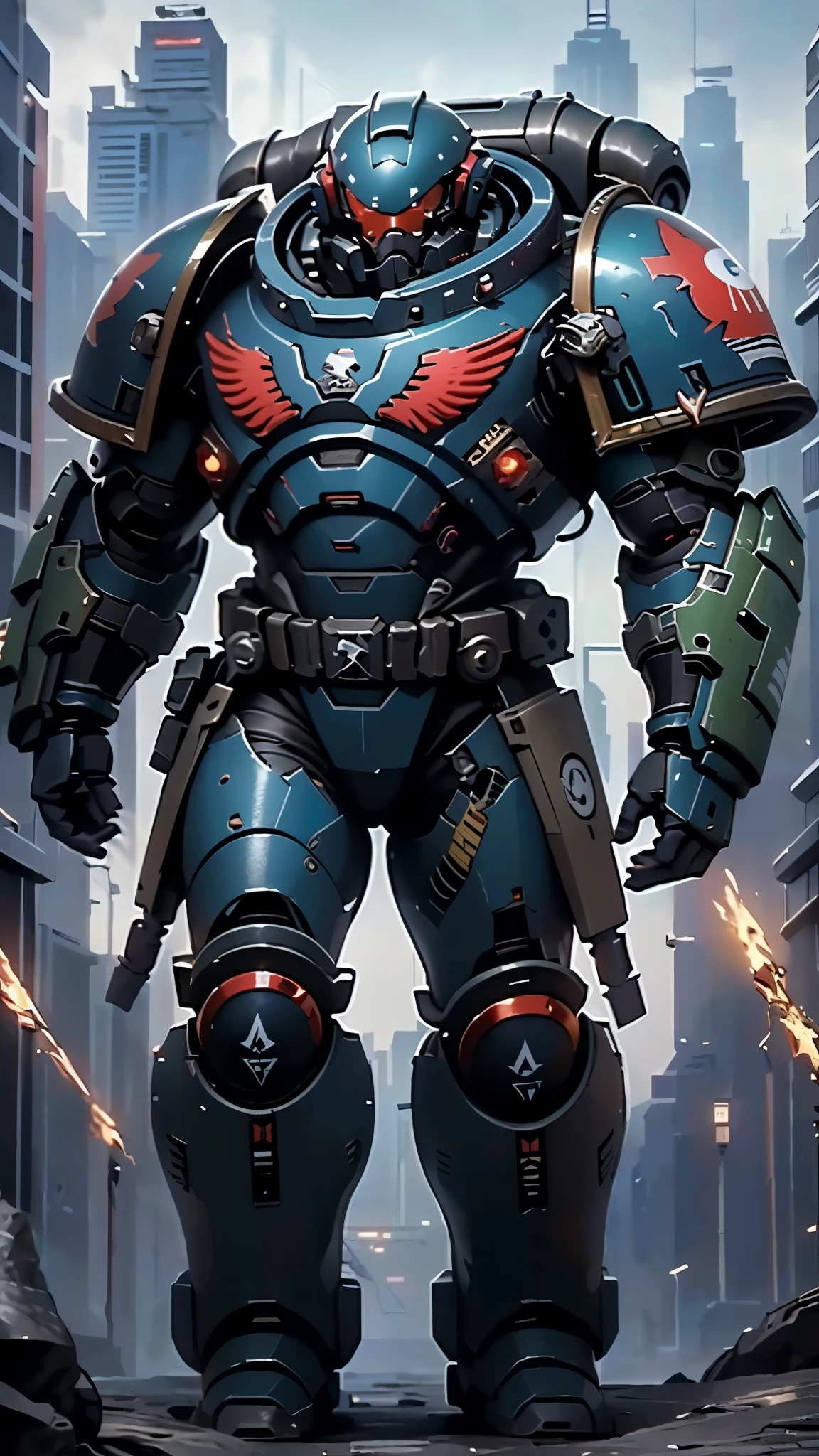 (masterpiece:1.5, best quality:1.5, extremely delicate:1.5), ((male:1.5)), a man wearing a full-face helmet, a biotech armored combat suit, green eyes, (a composite layered chest armor), fully enclosed shoulder guards, matching arm and leg guards, a belt of gemstone, (the color scheme is primarily Blue with White and Red accents), the design balances heavy with agility, a high-tech bio-mecha armor, (Armor Concept Inspired by Space Marines, stand of a futuristic sci-fi city), this character embodies a finely crafted Space Marines in anime style, exquisite and mature manga art style, (element, plasma, energy, the armor glows), metallic, high definition, highres, ultra-detailed, ultra-fine painting, professional, perfect body proportions, golden ratio, anatomically correct, symmetrical face, extremely detailed eyes and face, high quality eyes, creativity, RAW photo, UHD, 32k, Natural light, cinematic lighting, masterpiece-anatomy-perfect