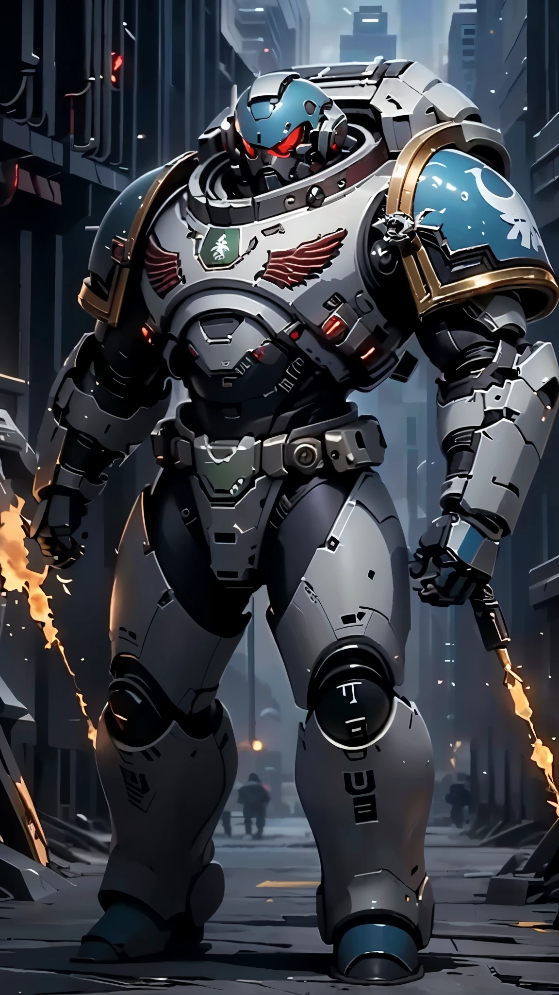 (masterpiece:1.5, best quality:1.5, extremely delicate:1.5), ((male:1.5)), a man wearing a full-face helmet, a biotech armored combat suit, green eyes, (a composite layered chest armor), fully enclosed shoulder guards, matching arm and leg guards, a belt of gemstone, (the color scheme is primarily Blue with White and Red accents), the design balances heavy with agility, a high-tech bio-mecha armor, (Armor Concept Inspired by Space Marines, stand of a futuristic sci-fi city), this character embodies a finely crafted Space Marines in anime style, exquisite and mature manga art style, (element, plasma, energy, the armor glows), metallic, high definition, highres, ultra-detailed, ultra-fine painting, professional, perfect body proportions, golden ratio, anatomically correct, symmetrical face, extremely detailed eyes and face, high quality eyes, creativity, RAW photo, UHD, 32k, Natural light, cinematic lighting, masterpiece-anatomy-perfect