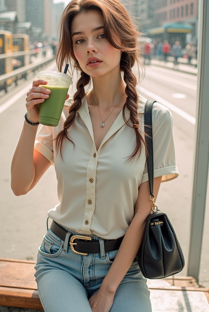 highest quality, Pieces fly, Ultra-high resolution, (that'Photorealistic:1.4), RAW Photos, 1 girl, ((Cafe staff)),((Cute Uniform)),(white t-shirt and jeans)),((beige apron)), Hair tied up, Plain black newsboy cap,Slender body,Fine grain,(Realistic eyes),Delicate face,realsK-san in,Detailed Hair,Detailed sKさんin, Very large breasts, Big Breasts, Always wear glasses, Pretty face, Blowjob, Holding an invisible cylindrical object and bringing it close to his mouth, Kneel, Close ~ eyes, Side view