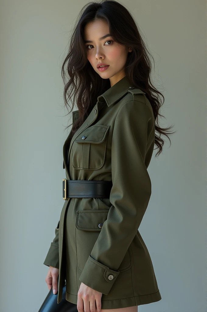 Khaki blouse, beauty, knee-high boots, camouflage helmet, 15 years old, plump