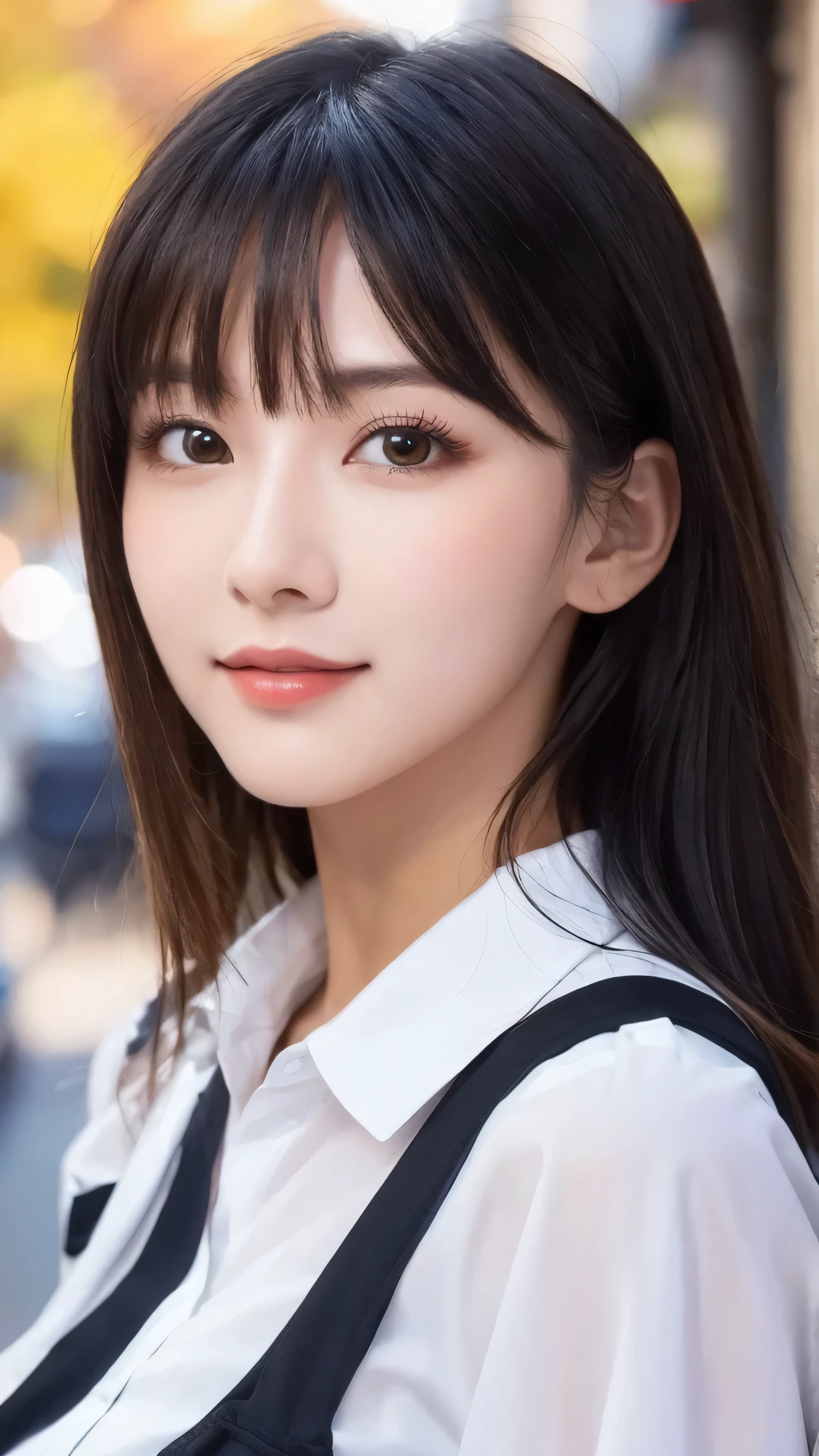 (8k, RAW Photo, Best Quality, Masterpiece:1.2), table top, Ultra Detail, Super Resolution, (Realistic, Realistic Photo:1.37), Portrait, High Detail RAW Color Photo, Professional Photo, Extremely Detailed and Beautiful, Extremely detailed, 8k wallpaper, amazing and detailed, huge file size, official art, highly detailed CG unity 8k wallpaper, highly detailed beautiful girl, highly detailed face, highly detailed eyes, highly detailed skin, highly detailed fingers, highly detailed nose, very detailed detailed mouth , perfect anatomy, highly detailed background, highly detailed clothes, (1 girl),(1 girl), cute girl, realistic body, fair skin, glowing skin , slim body, handsome body, black hair , semilong hair, (blunt bangs:1.2), smile, cute, youthful, cute face, realistic face, delicate eyes, drooping eyes, looking at viewer, facing front, standing posture, Contraposto, (large breasts), (Perfect Body Proportions), (slender Body Proportions), super sexy pose, (early fall fashion),