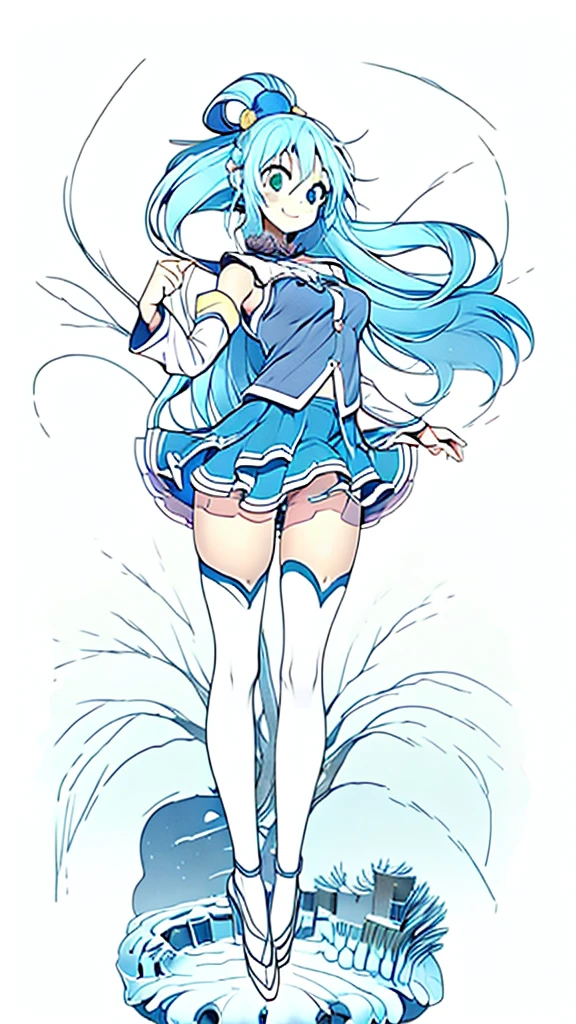 masterpiece, best quality, beautiful, cute visual art, girl (proportion: 1:6 heads), aaaqua, long hair, blue hair, hair rings, hair ornament, choker, bare shoulders, green bow, blue shirt, detached sleeves, blue skirt, thighhighs, cute, happy smile, strawberry fields {(wind power: 0.5)}, slim and long legs (beautiful legs, legs open in V, detailed legs), Ezbian full body {(perfect proportions, good details in the doby, suggestive pose)}, fine and detailed hands {(beautiful hands)}, softly wind blows {{((A gentle wind blows her hair))}}, good proportions, looking at the viewer, ink, blushing, big smile, shouhui, cute style, pastel tones, soft colors