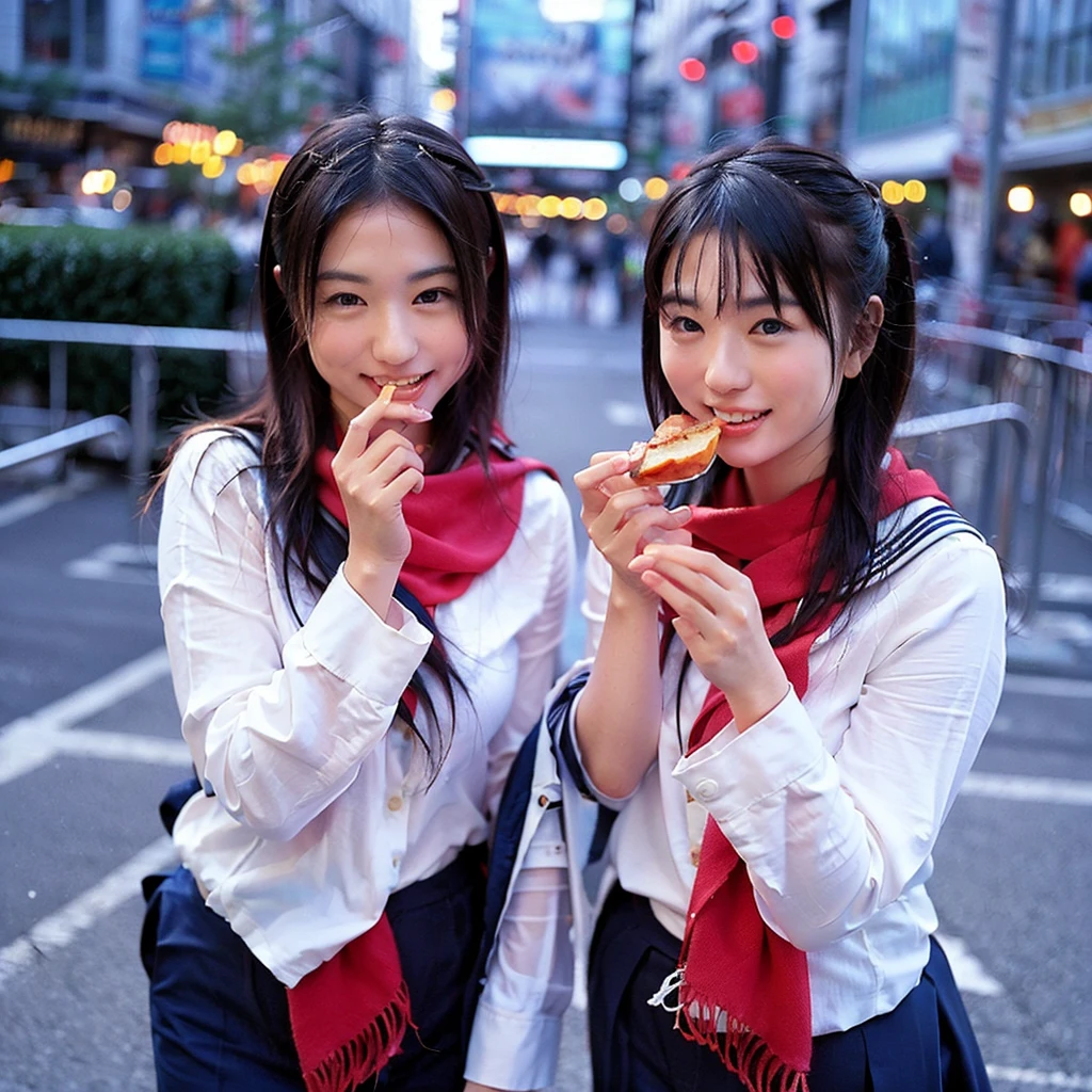 「Identical twin sisters in very elaborate sailor uniforms、Future city background、Pink eyeshadow and red scarf、Eating lunch with a smile」