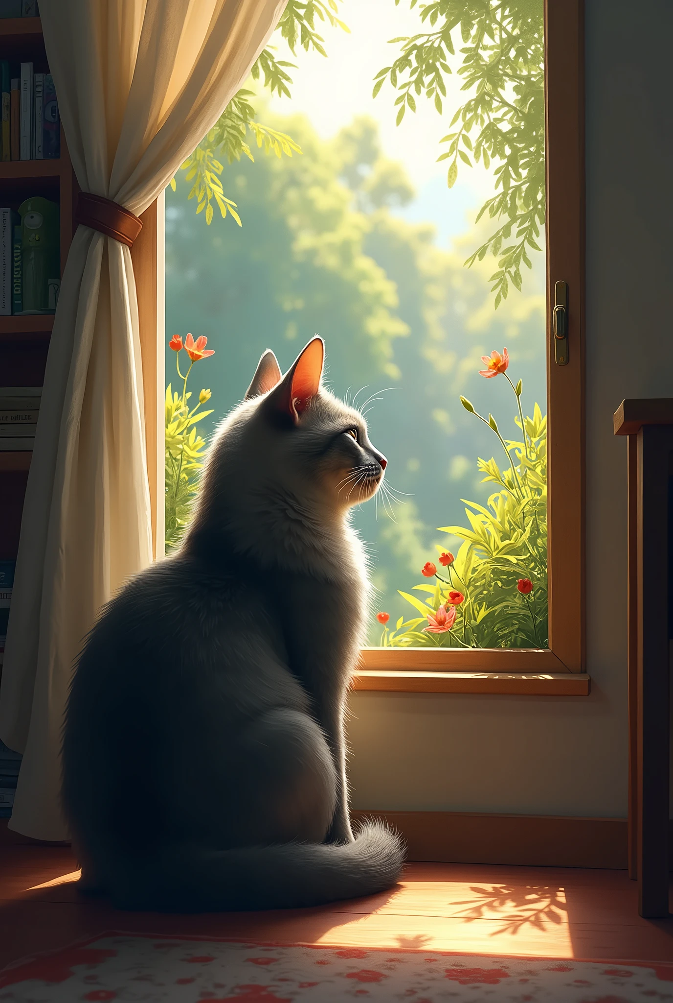 There is a cat sitting in front of a window looking out - SeaArt AI
