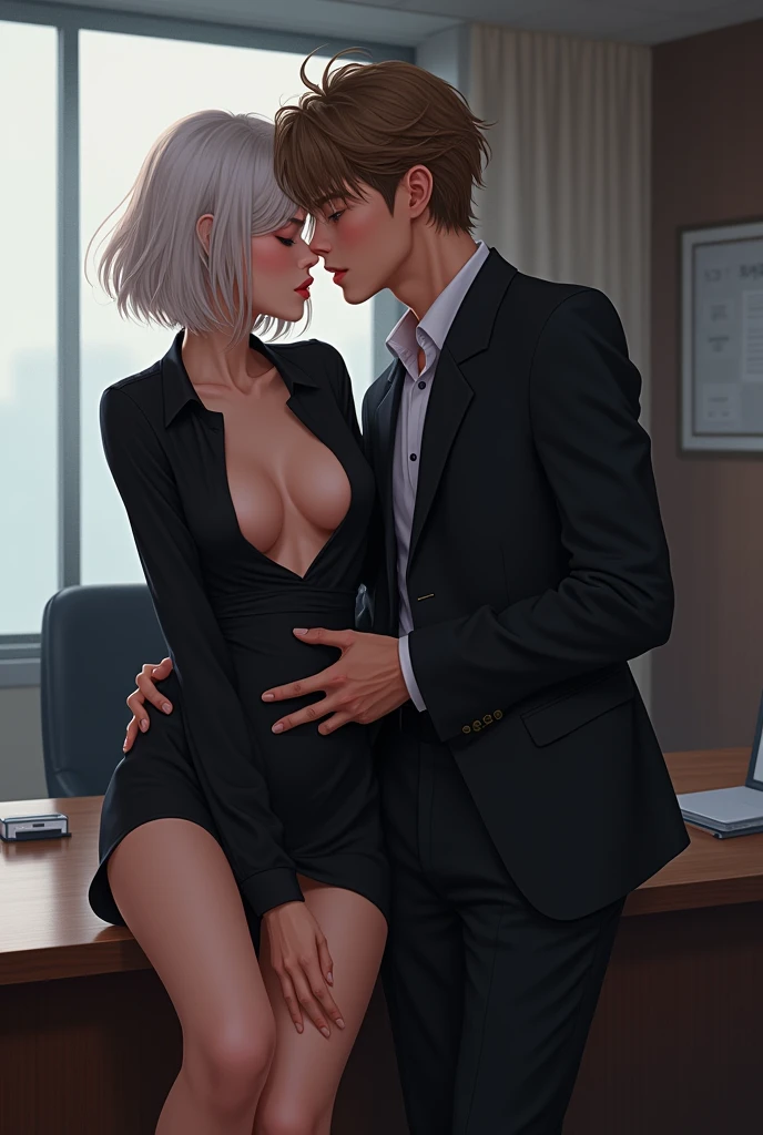 （（super high quality,Ultra-high resolution,4K,8k,super masterpiece,Ultra HD ,Detailed shading））,Dimly lit bedroom,Full body photo,Man and woman couple,A sexy mother and a naked man,popped collar White shirts,Tight collar,Long sleeve,BLACK Pencil Skirt,Black Hair,Penis inserted from the front,Sex,Glasses,Spread your legs wide,Ahegao,blush,Sweaty,semen,Drooling,Pearl Earrings,Pearl Necklace,Engagement Rings,Embrace a man face-to-face.,