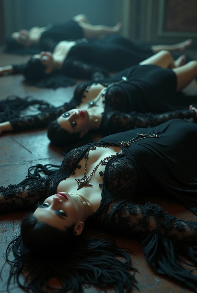 (best quality)), ((masterpiece)), (detailed), Russian mother and daughter, angry, tall, strong, with silver blonde hair, muscular legs, barefoot with pretty feet with white nails, dressed in short black robes, black fishnet stockings, sitting on a sofa, drinking wine while trampling their feet directly on the head of a poor old African woman, lying on the floor, suffering, bleeding and dressed in dirty clothes.
In the background, a luxurious room and in a corner an old African maid kneeling and cleaning the floor with her hands.