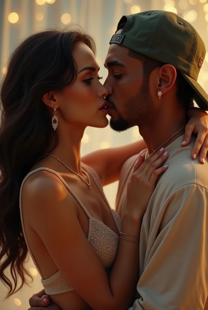 a close-up shot of a handsome black man short haircute and an Afro-Latina woman red lips kissing, their lips close together, cinematic lighting, romantic atmosphere, detailed facial features, beautiful skin tones, chiaroscuro lighting, dramatic shadows, intense eye contact, passionate embrace, high quality, photorealistic, 8k, cinematic, dramatic
