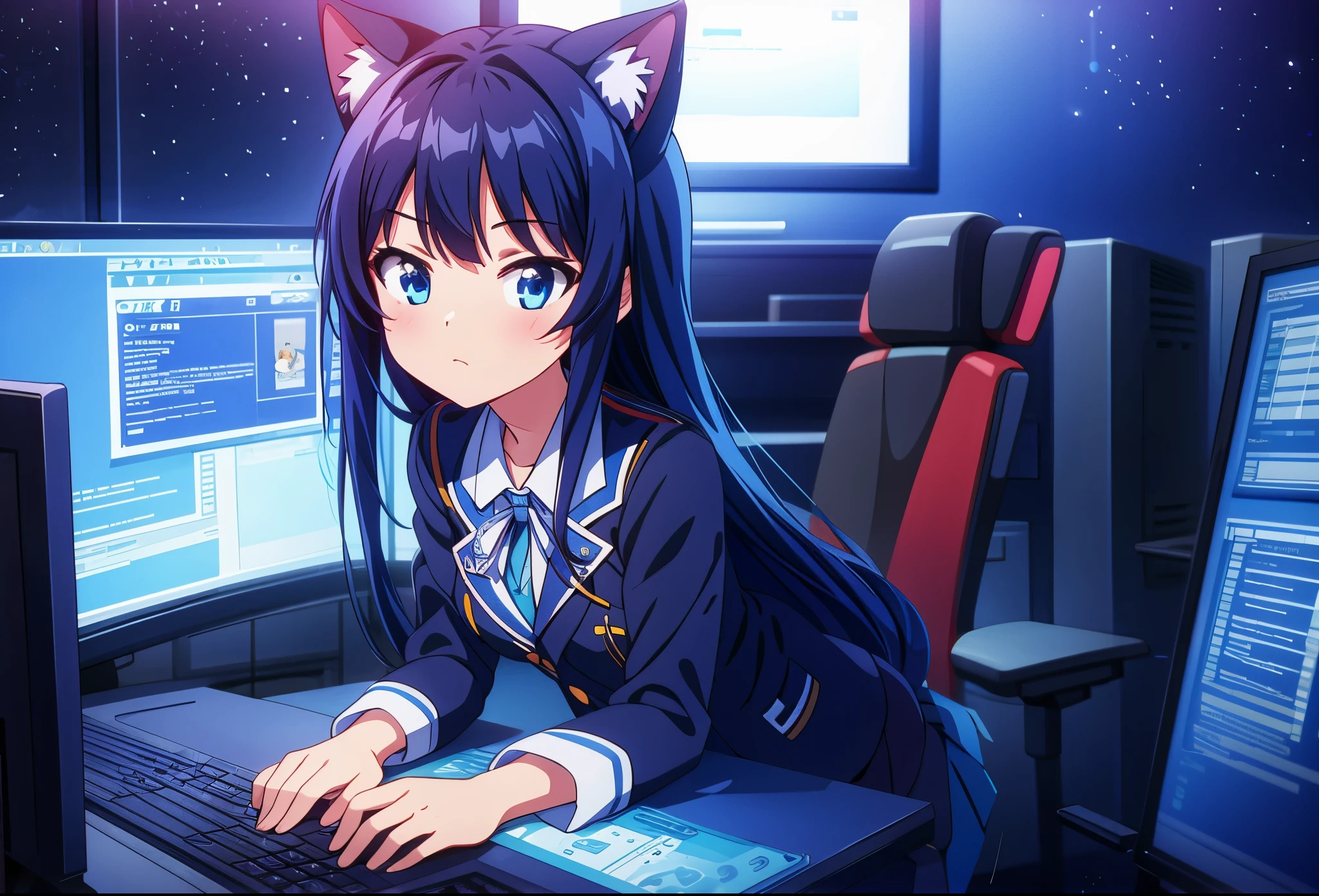 ray tracing room gaming 1 niña, long hair, High resolution, breasts, little ones,Blue eyes, black hair,blue hair, cat ears, The best quality, Anatomically correct, masterpiece, Anatomically correct, Detail, Details altos, quality, high quality, necessary, blush, school, uniform,navy,Cabello azul,