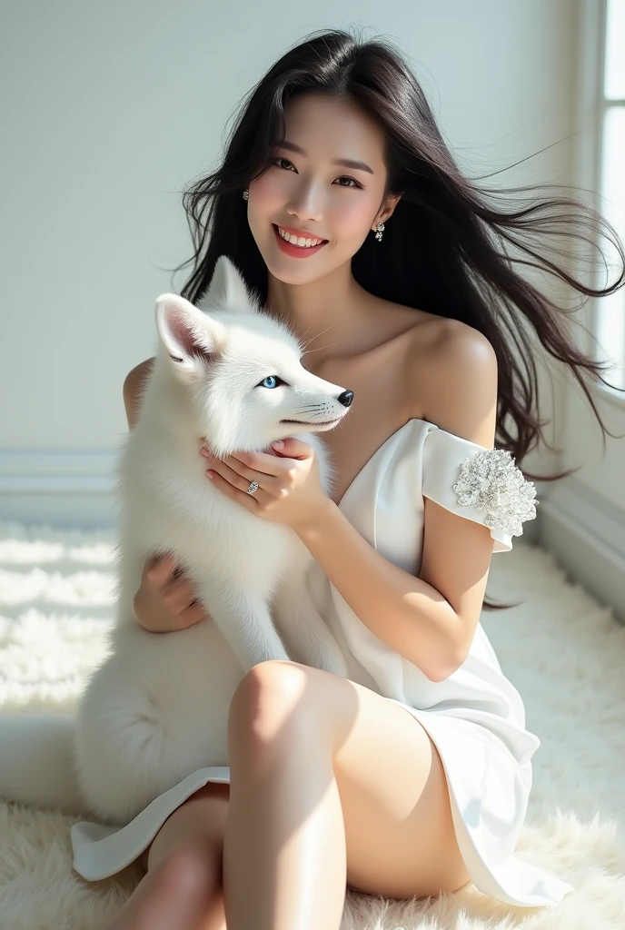 Beautiful Chinese girl, white skin, shaggy big breasts, huge breast, 23 years old, seductively smile, thick body, curvy waist, hugging a white mini pomeranian dog, cup size small dog, sunny morning, milky white skin, a butterfly tattoo on the back, a big flower tattoo on the thigh, there is a text tatoo says "King Abe" on the chest, white stringless bra, spread the legs, nakeness, full body, beautiful nail arts, thin pubic hair, wide open her legs, black hair, straight hair, sexy toe, wide camera, full body from toe to head
