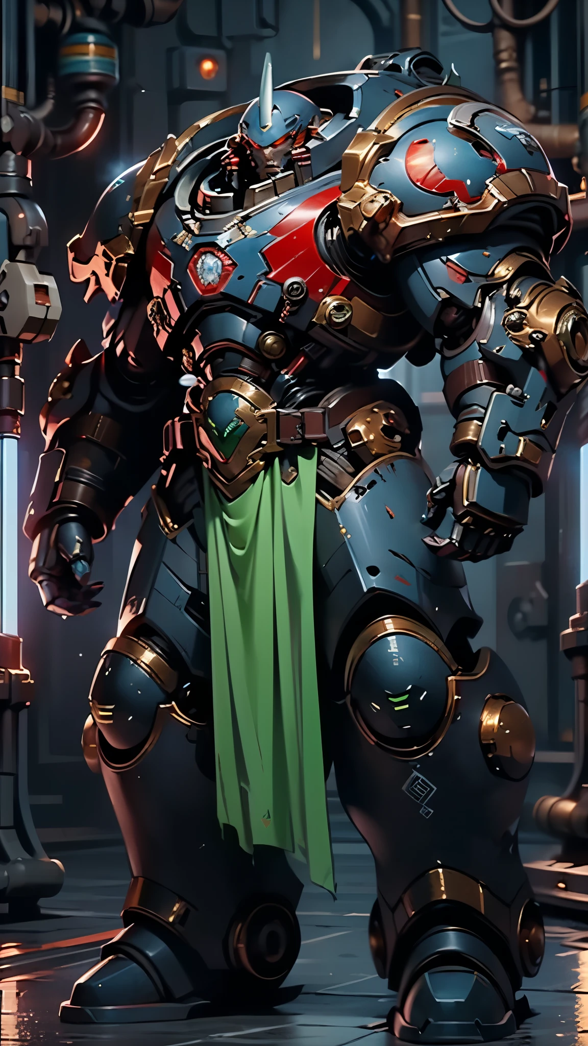 (masterpiece:1.5, best quality:1.5, extremely delicate:1.5), ((male:1.5)), a man wearing a full-face helmet, a biotech armored combat suit, green eyes, (a composite layered chest armor), fully enclosed shoulder guards, matching arm and leg guards, a belt of gemstone, (the color scheme is primarily Blue with White and Red accents), the design balances heavy with agility, a high-tech bio-mecha armor, (Armor Concept Inspired by Space Marines, stand of a futuristic sci-fi city), this character embodies a finely crafted Space Marines in anime style, exquisite and mature manga art style, (element, plasma, energy, the armor glows), metallic, high definition, highres, ultra-detailed, ultra-fine painting, professional, perfect body proportions, golden ratio, anatomically correct, symmetrical face, extremely detailed eyes and face, high quality eyes, creativity, RAW photo, UHD, 32k, Natural light, cinematic lighting, masterpiece-anatomy-perfect