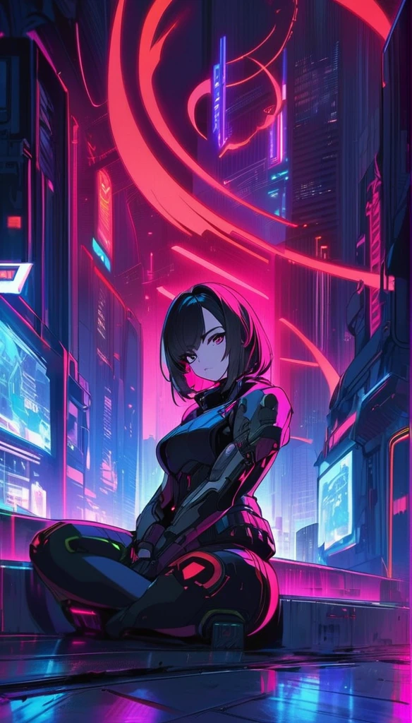 Sitting cross-legged on the ground、Looking down at the viewer、A red and black devil with two guns in front of him, very beautifulAnime Cyberpunk art, Anime Cyberpunk, Cyberpunk anime art,  Cyberpunk anime art, Ghost in the Shell&#39;Super muscular Motoko in a purple adult bikini、A man laughing and training in ahegao