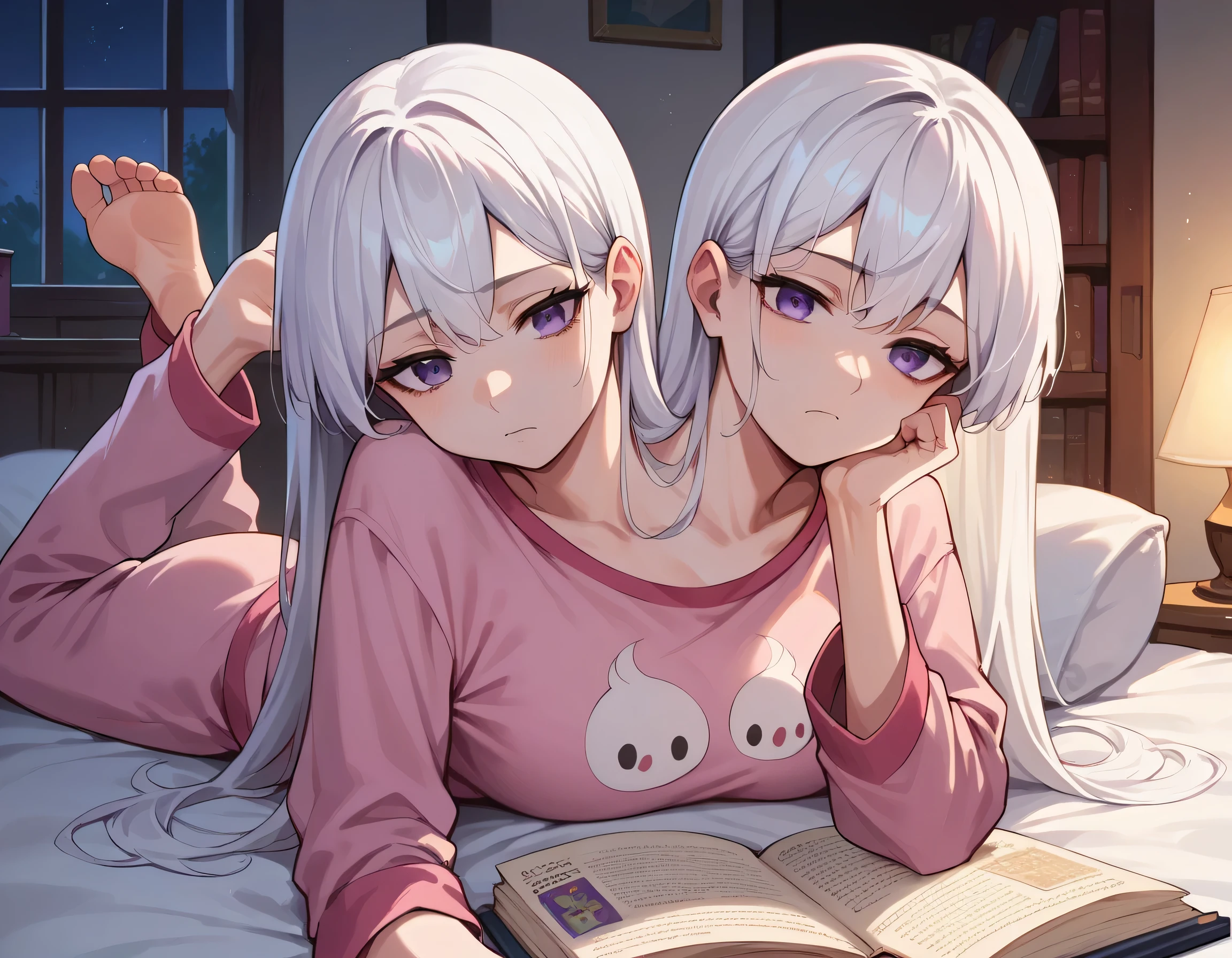 anime, (masterpiece, best quality), best resolution, two heads, 1girl, white hair, purple eyes, eyes half open, bored, pink pajamas, lying on stomach on a bed, reading a book, bedroom, night