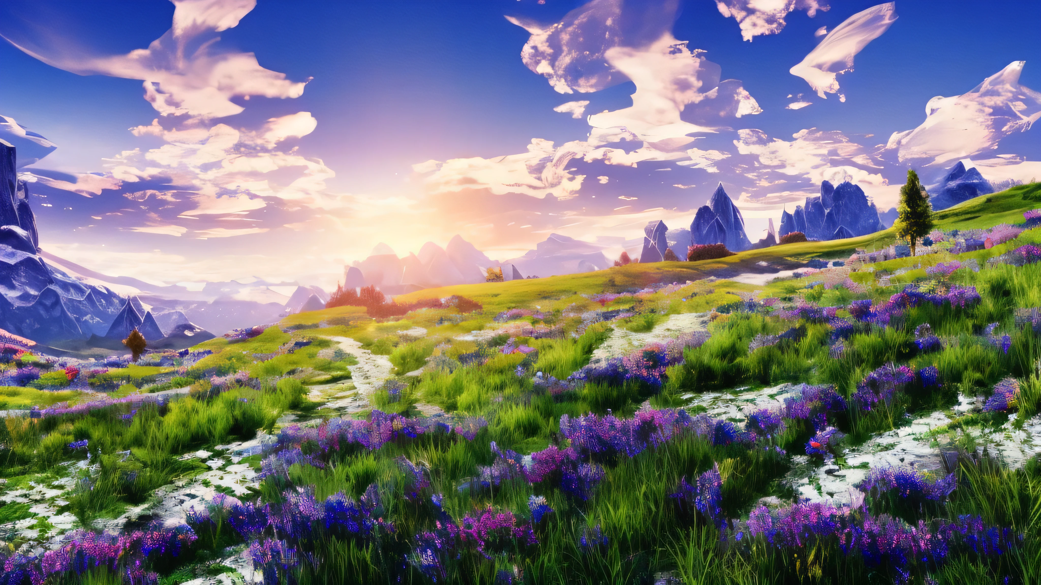 realistic, Beautiful and stunning landscape ; Petal grassland with blue sky and white clouds, 2,5D, fantasy world, Rise of Kingdoms artstyle, high quality, masterpiece