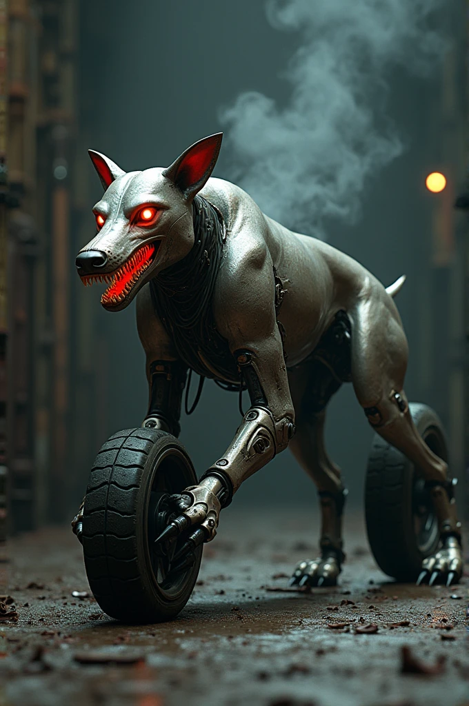 The wild dog in robo costyum and it is injuref